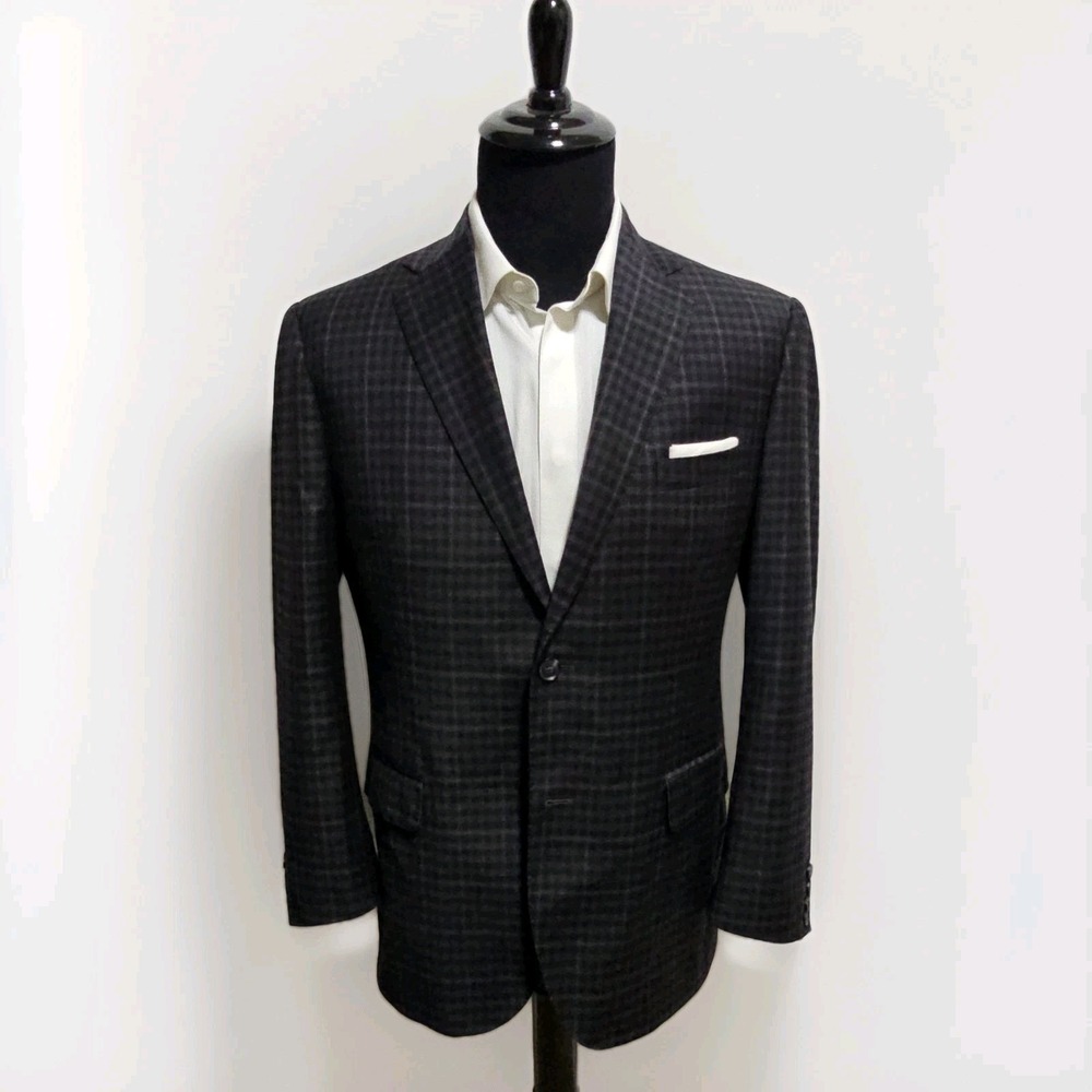 E.Thomas Nordstrom Blazer Sport Coat Mens 44R Wool Cashmere Black Gray Red Check
